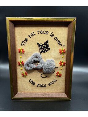 The Rat Race Is Over Embroidered Wall Art 3D Rats Wooden Frame Vintage Handmade